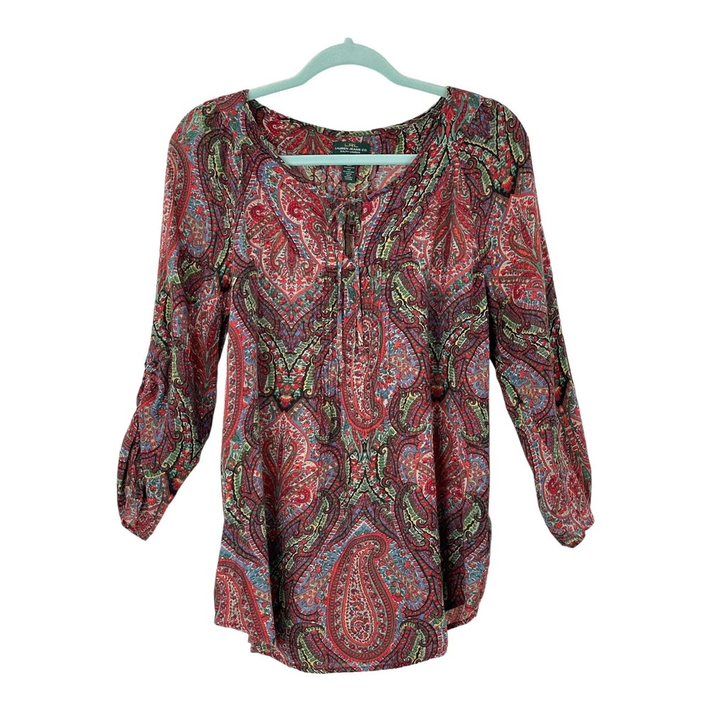 Ralph Lauren LRL Jeans Co Women SMALL Shirt Tunic Boho Ruched Sleeves Lace Up